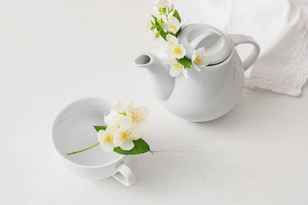 Composition Teapot Cup Beautiful Jasmine Flowers Light Background — Stock Photo, Image