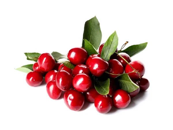 Heap Tasty Ripe Cherry Leaves White Background — Stock Photo, Image