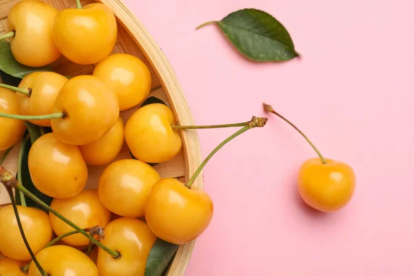 Bowl Tasty Sweet Cherries Color Background — Stock Photo, Image