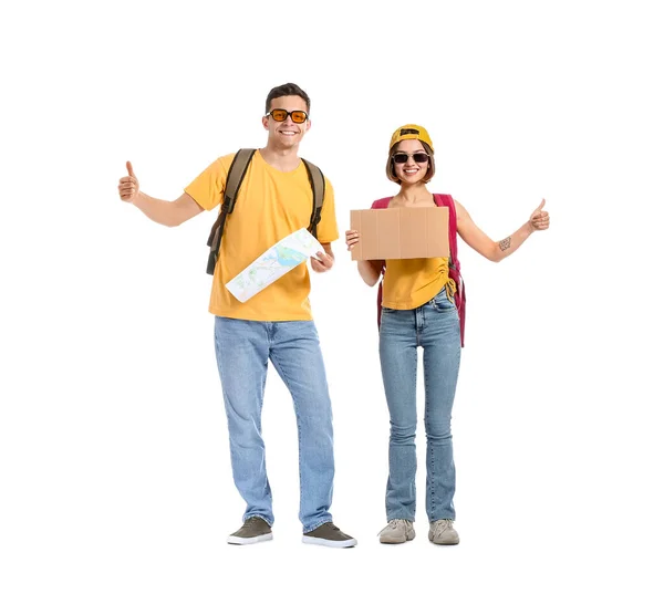 Young Couple Map Cardboard Hitchhiking White Background — Stock Photo, Image