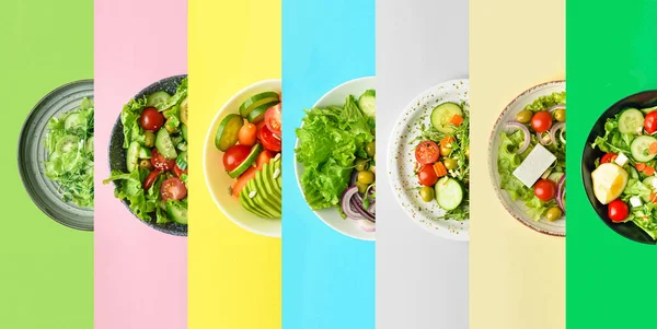 Placas Com Diferentes Saladas Saudáveis Fundo Cor — Fotografia de Stock