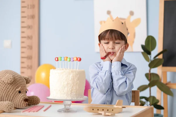 Cute Little Boy Celebrating Birthday Home — Stock Photo, Image