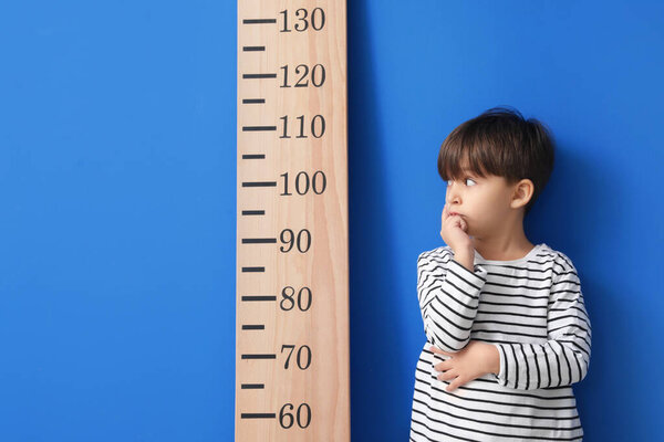 Little boy measuring height near color wall