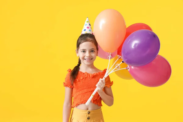 Cute Little Girl Balloons Celebrating Birthday Color Background — Stock Photo, Image