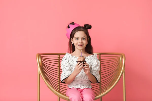 Cute Little Girl Celebrating Birthday Color Background — Stock Photo, Image