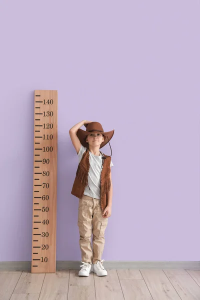 Little Boy Measuring Height Color Wall — Stock Photo, Image