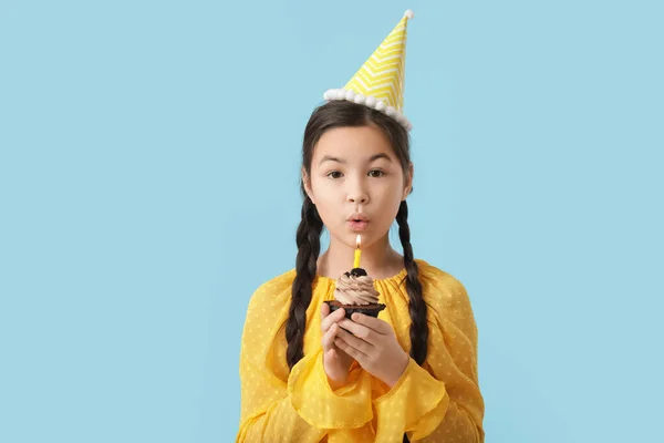 Cute Little Girl Celebrating Birthday Color Background — Stock Photo, Image