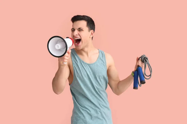 Sporty Male Coach Megaphone Jumping Rope Color Background — Stock Photo, Image