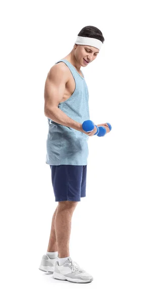 Sporty Male Coach Dumbbells White Background — Stock Photo, Image