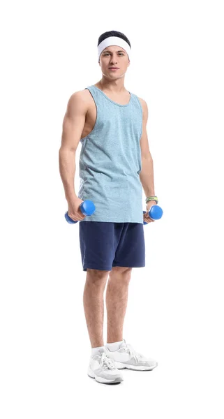 Sporty Male Coach Dumbbells White Background — Stock Photo, Image