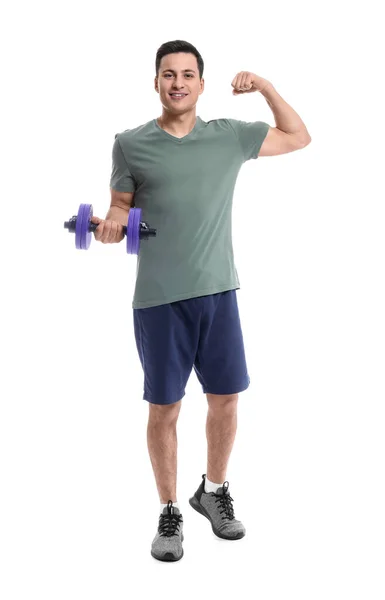 Sporty Male Coach Dumbbell White Background — Stock Photo, Image