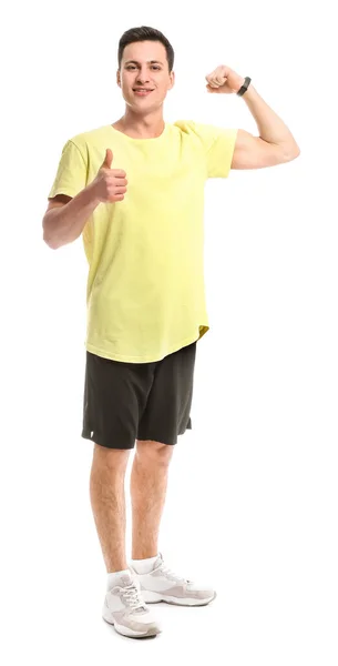 Sporty Male Coach Showing Thumb White Background — Stock Photo, Image