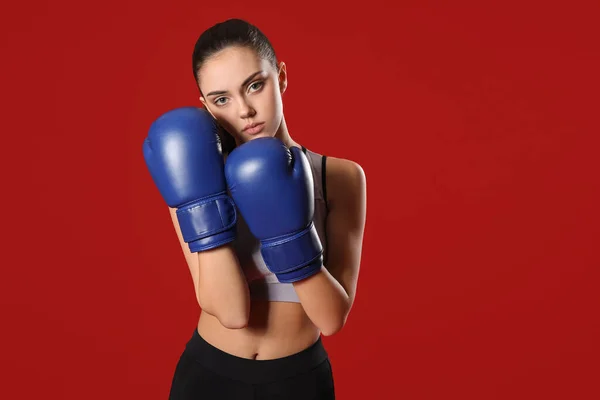 Sporty Female Coach Boxing Gloves Color Background — Stock Photo, Image