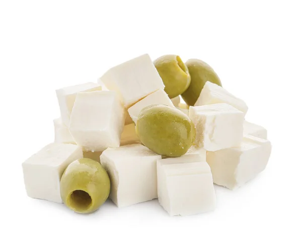 Pieces Delicious Feta Cheese Green Olives White Background — Stock Photo, Image