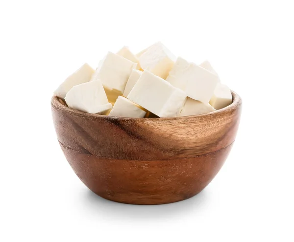 Wooden Bowl Pieces Feta Cheese White Background — Stock Photo, Image