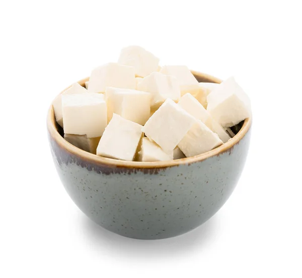 Bowl Pieces Feta Cheese White Background — Stock Photo, Image