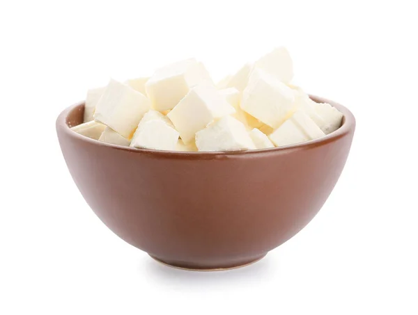 Bowl Pieces Feta Cheese White Background — Stock Photo, Image