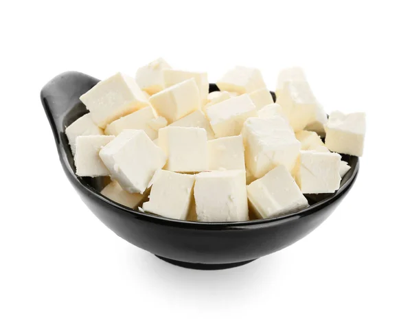 Bowl Pieces Feta Cheese White Background — Stock Photo, Image