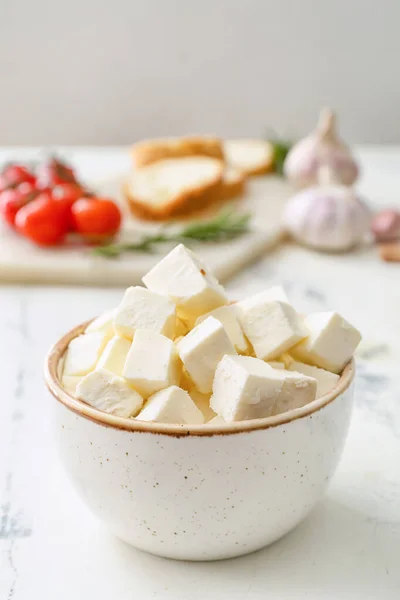 Bowl Pieces Feta Cheese Light Table — Stock Photo, Image