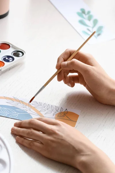 Woman Drawing Bookmark Table Closeup — Stock Photo, Image