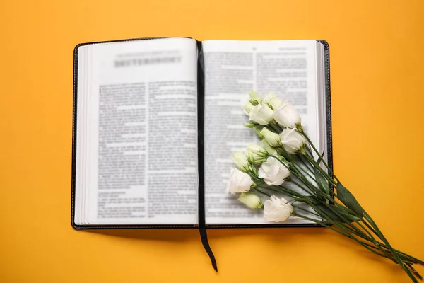 Öppen Bibeln Och Blommor Färg Bakgrund — Stockfoto