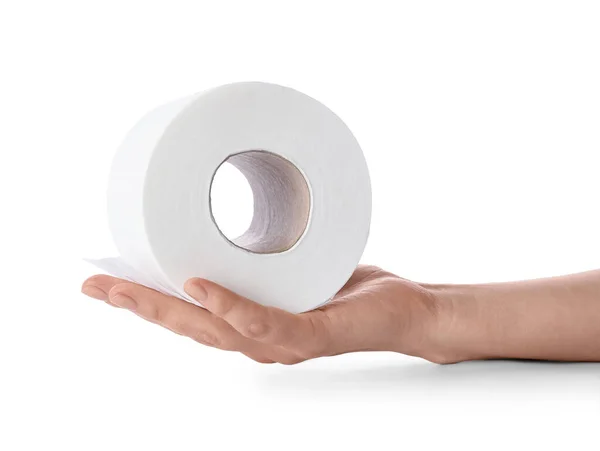 Жінка Тримає Рулон Туалетного Паперу Білому Тлі Крупним Планом — стокове фото