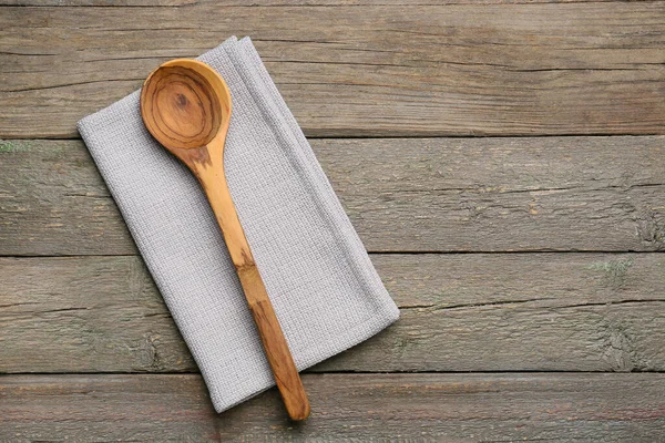 Fabric Napkin Spoon Wooden Background — Stock Photo, Image
