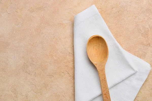 Fabric Napkin Wooden Spoon Color Background — Stock Photo, Image