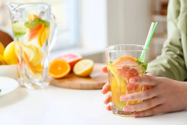 Young Woman Drinking Fresh Lemonade Home Closeup — Stock Photo, Image