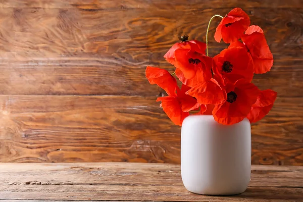 Vase Beautiful Red Poppy Flowers Wooden Background — Stock Photo, Image