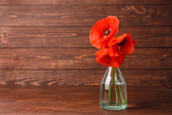 Vase Beautiful Red Poppy Flowers Wooden Background — Stock Photo, Image
