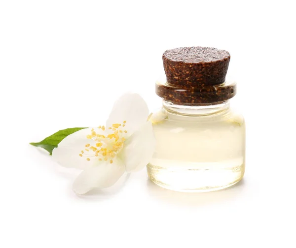 Bottle Essential Oil Jasmine Flower White Background — Stock Photo, Image