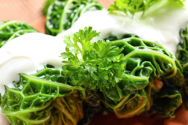Stuffed Cabbage Leaves Sour Cream Closeup — Stock Photo, Image