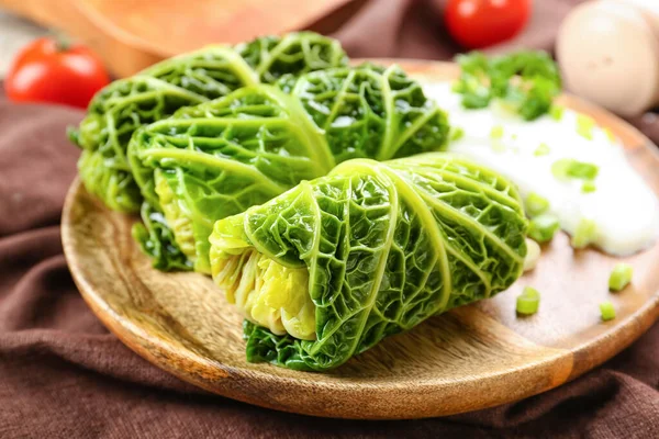 Plate Stuffed Cabbage Leaves Sour Cream Table Closeup — Stock Photo, Image