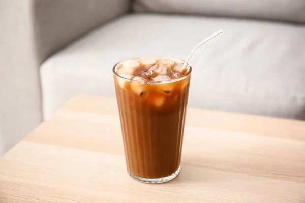 Glas Lekkere Ijskoffie Houten Tafel Café — Stockfoto