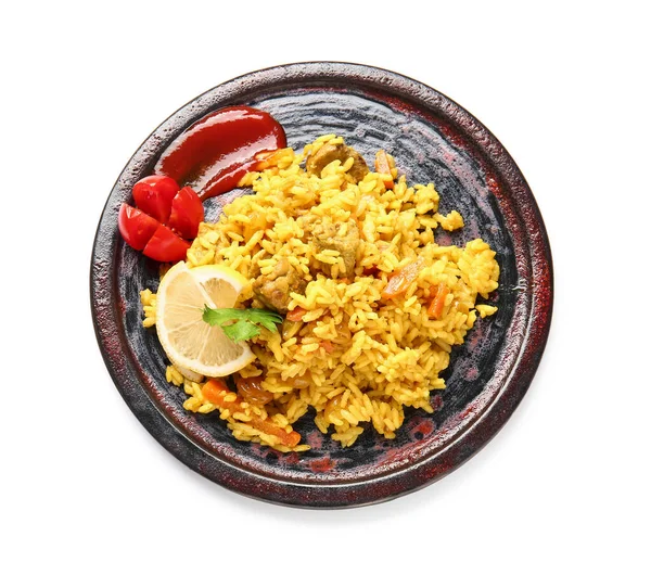 Plate Tasty Pilaf White Background — Stock Photo, Image