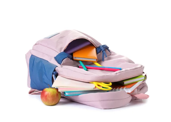 School Backpack Stationery White Background — Stock Photo, Image