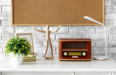 Tuğla duvarın yanındaki masa üzerinde manken ve ev bitkisi olan eski radyo alıcısı