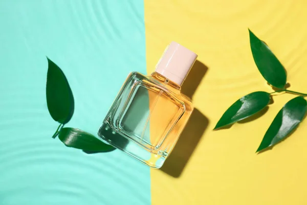 Botella Perfume Hojas Verdes Agua Sobre Fondo Color —  Fotos de Stock