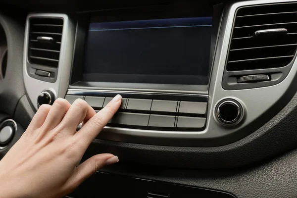 Woman Tuning Radio Car Closeup — Stock Photo, Image