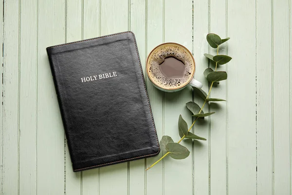 Holy Bible Cup Coffee Eucalyptus Branch Color Wooden Background — Stock Photo, Image