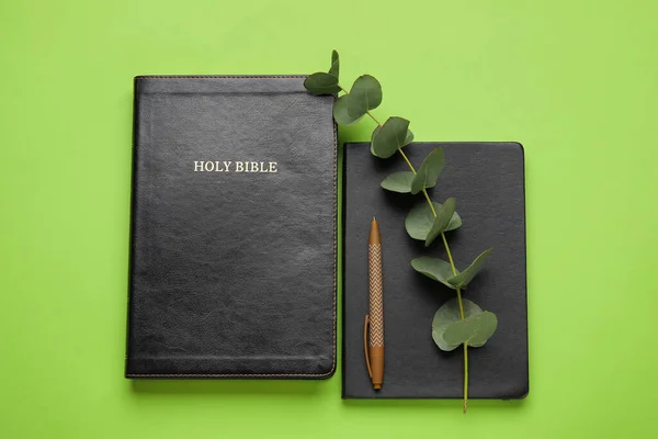 Αγία Γραφή Σημειωματάριο Και Κλάδος Ευκαλύπτου Έγχρωμο Φόντο — Φωτογραφία Αρχείου