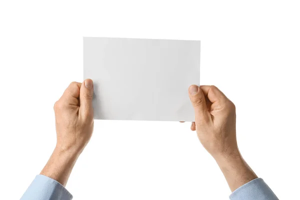 Muž Držící Prázdný List Papíru Bílém Pozadí Detailní Záběr — Stock fotografie