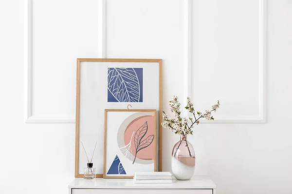 Vase Blossoming Branches Pictures Shelf Light Wall — 스톡 사진