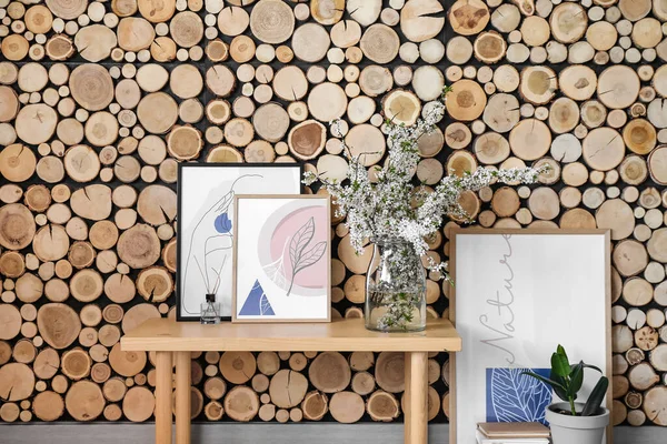 Vase Blossoming Branches Pictures Wooden Wall — Stock Photo, Image