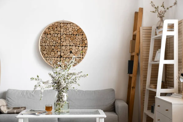 Interior Modern Living Room Blossoming Branches — Stock Photo, Image