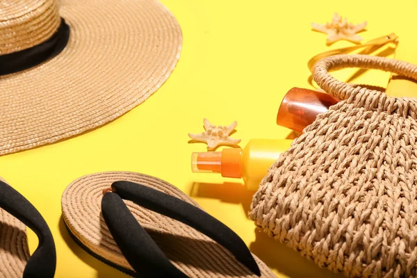 Set Beach Accessories Cosmetics Color Background Closeup — Stock Photo, Image