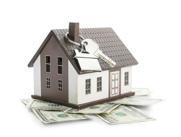 Figura Casa Dinheiro Chave Fundo Branco Conceito Compra Imóveis — Fotografia de Stock