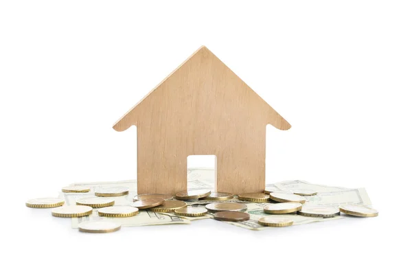 Figura Casa Dinheiro Sobre Fundo Branco Conceito Compra Imóveis — Fotografia de Stock