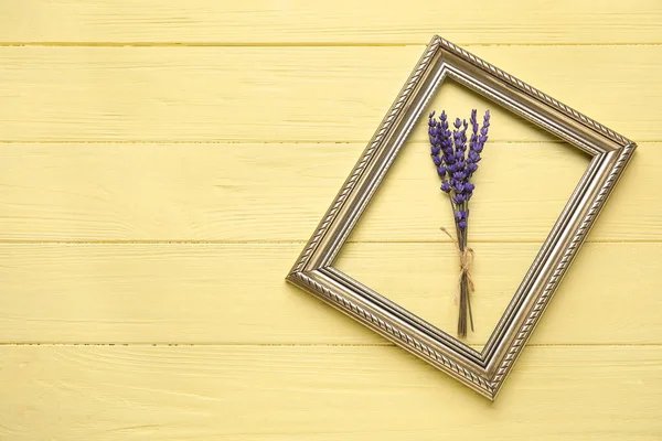 Beautiful Lavender Flowers Frame Color Wooden Background — Stock Photo, Image